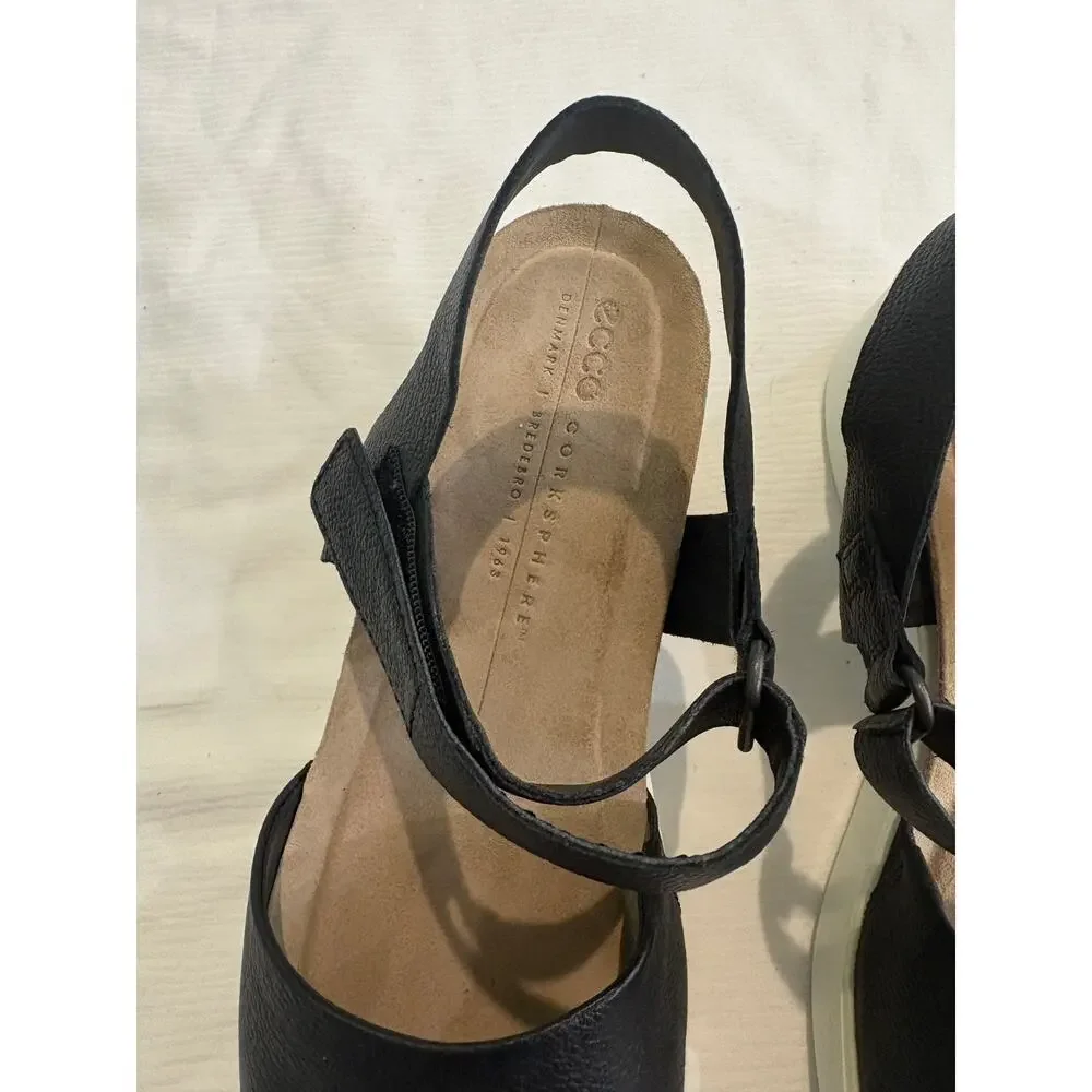 ECCO Flowt Wedge Leather Cork Corksphere Sandal Black Women's EU 40 US 9-9.5